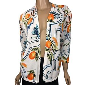 Chico's Size 0 / S Cardigan Sweater 3/4 Sleeve White w Oranges & Green Leaves